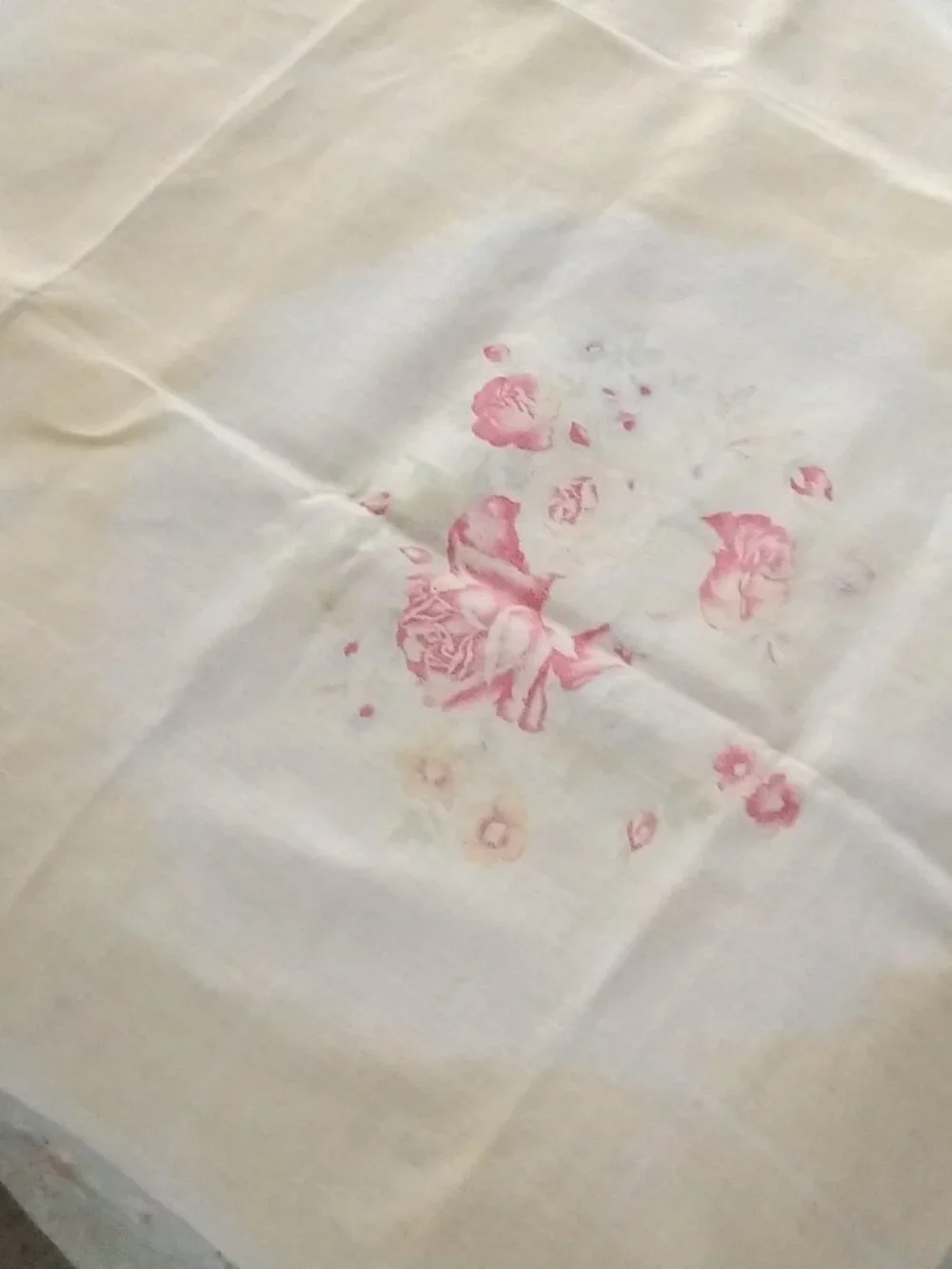 Vintage Floral Linen Tablecloth Pale Yellow With Pink Roses